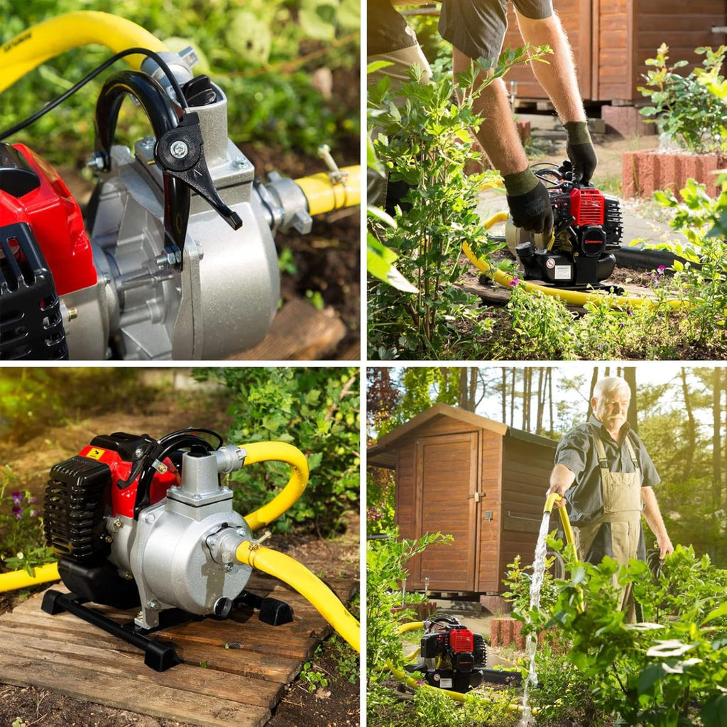 EBERTH 5,5PS Wasserpumpe mit 30.000l/h und 30m Förderhöhe, 2 Zoll Anschluss, Gartenpumpe Schmutzwasserpumpe mit 4-Takt-Motor und 7m Ansaughöhe, Benzin Pumpe, Seilzugstart, Metallfuß, Tragegriff