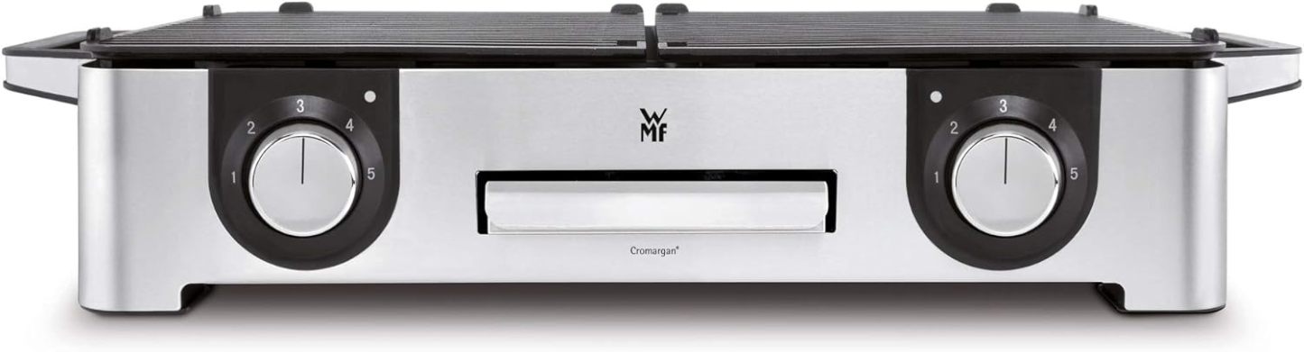 WMF Lono Master-Grill, Elektrogrill, 50x28 cm, Elektrogrill Tischgrill mit Windschutz und Auffangschale, Outdoorzertifiziert für Barbecue, 2 getrennt regulierbare Grillflächen, 2400 W, edelstahl matt