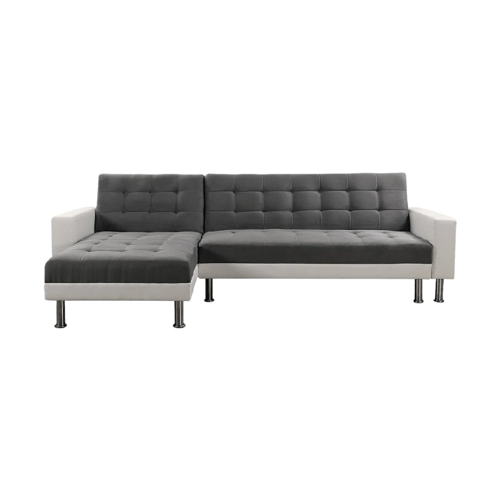 Canapé d'angle moderne en cuir synthétique gris et blanc avec pieds en métal.