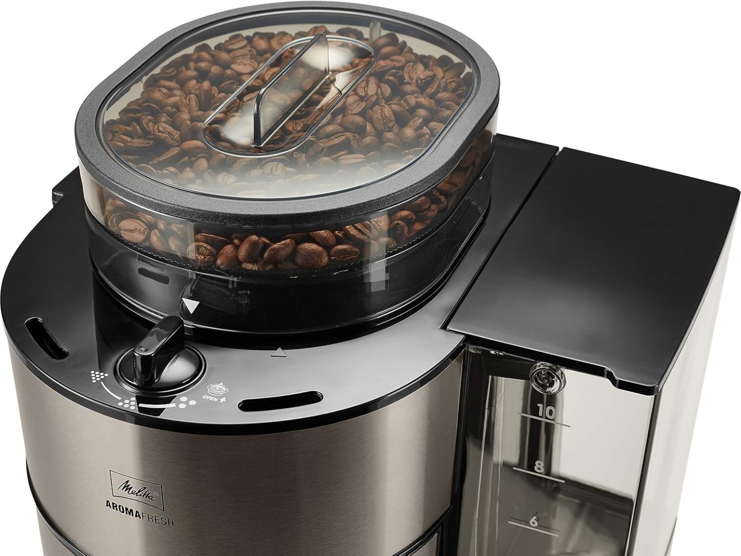 Melitta AromaFresh - Filterkaffeemaschine - mit Glaskanne - integriertes Mahlwerk - Timer Funktion - 10 Tassen - Pure Black