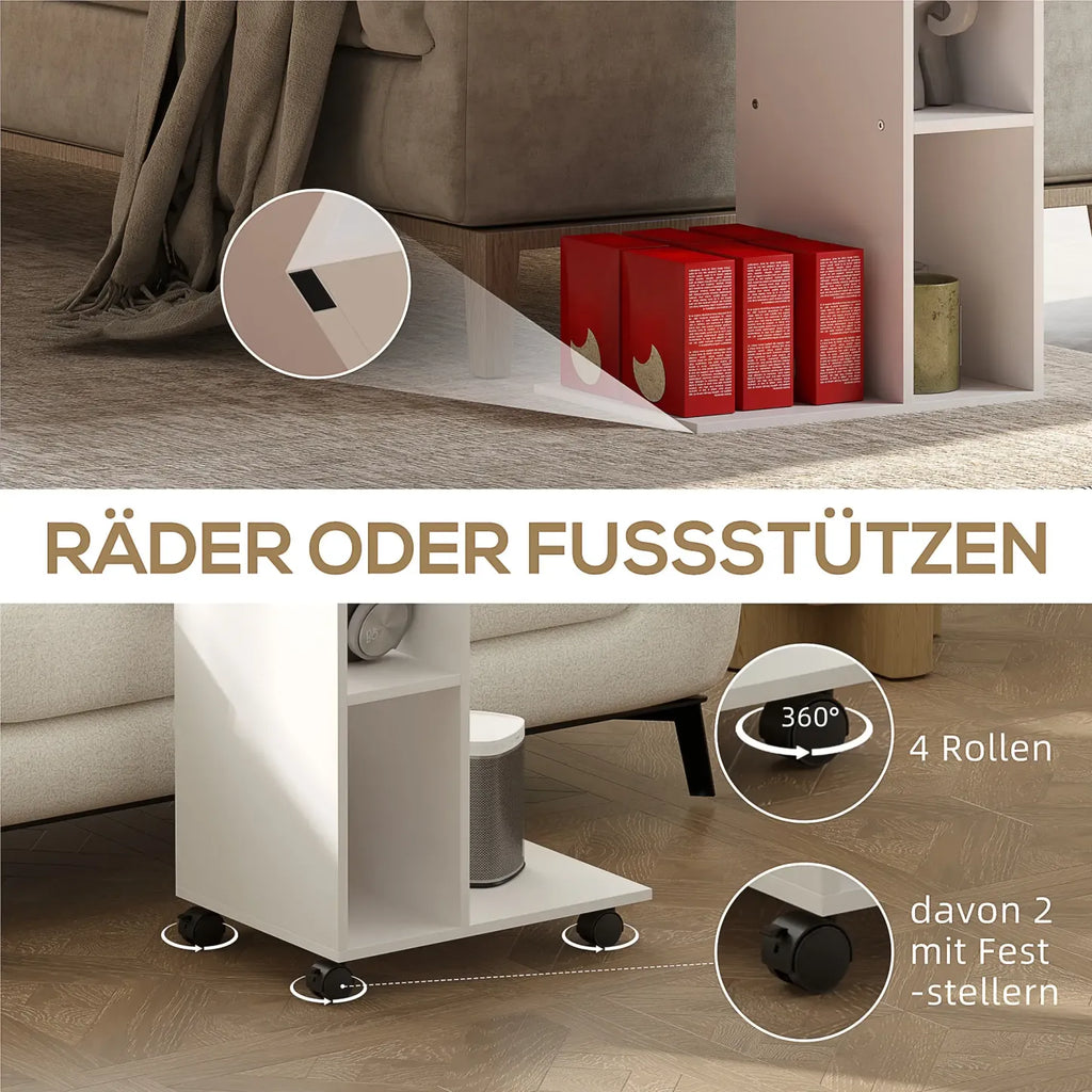 HOMCOM Beistelltisch C-Form mit Rollen und Regalen Weiß