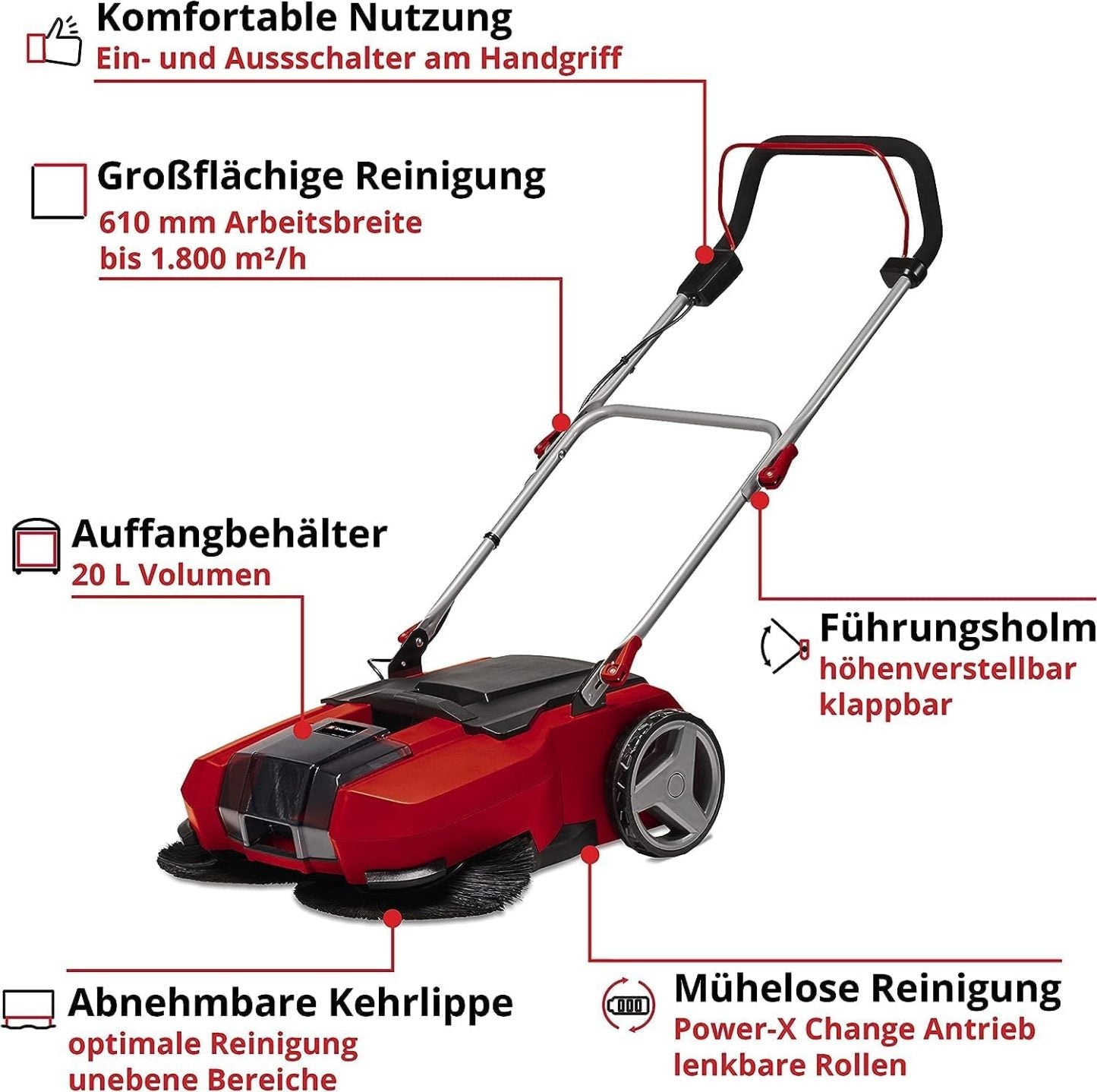 Einhell Akku-Kehrmaschine TE-SW 18/610 Li-Solo Power X-Change (18 V, Li-Ion, 20 L Schmutzbehlter, 61 cm Arbeitsbreite, Parkposition, verstellbarer Lenker, abnehmbare Lippe, Ein-und Ausschalter), Rot