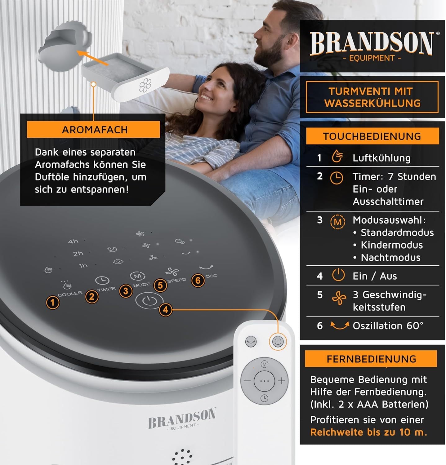 Brandson - Turmventilator mit Wasserkühlung - Preisträger 2025 - Verdunstungskühler - Luftkühler - Ventilator - mobile Klimaanlage ohne Abluftschlauch - 5 in 1 - leise - 4,6 L Wassertank - weiß