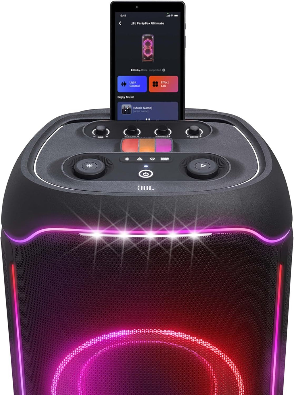 JBL Partybox Stage 120 in Schwarz – Tragbare Bluetooth-Lautsprecher-Box mit JBL Pro Sound, Lichtshow, KI-Sound-Boost und Teleskopgriff – 12 h Laufzeit
