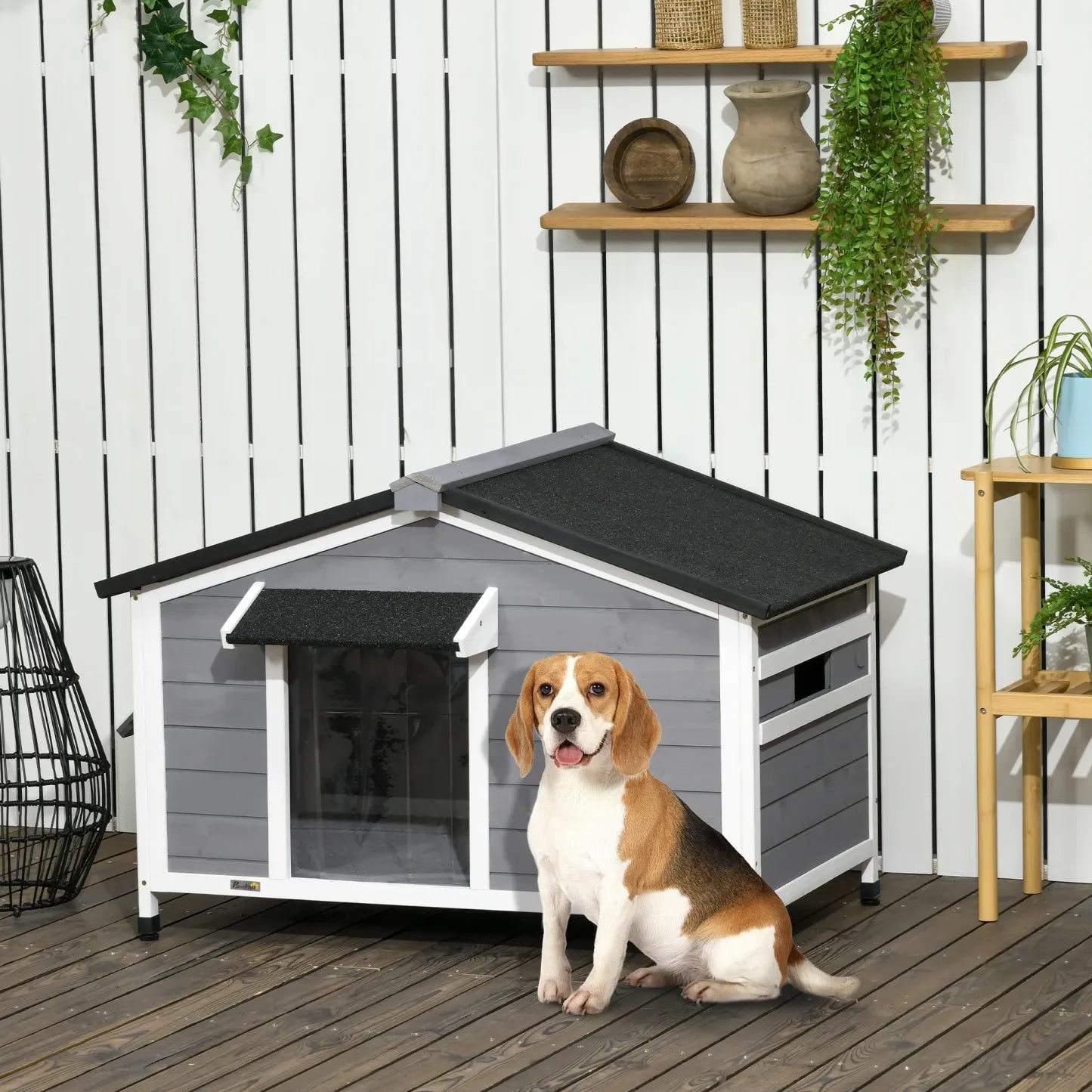 PawHut Hundehütte Outdoor aufklappbares Dach wetterfest Massivholz