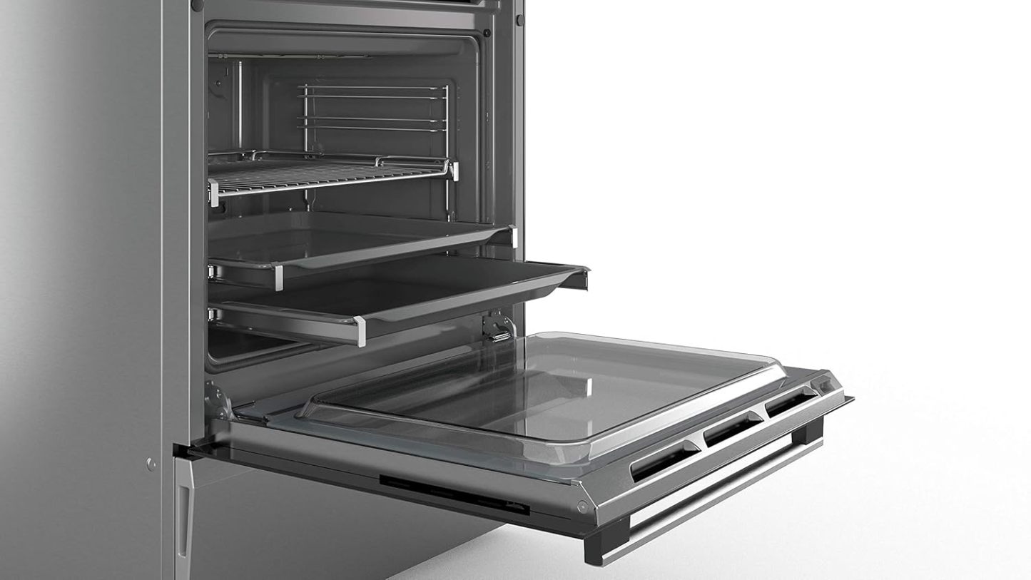 Bosch HKR39C250 Serie 4 Elektro-Standherd, 60 cm breit, EcoClean Direct Reinigungshilfe, 3D Heißluft Backen auf 3 Ebenen, LED-Display-Steuerung, erweiterbare Kochzone für großes Kochgeschirr