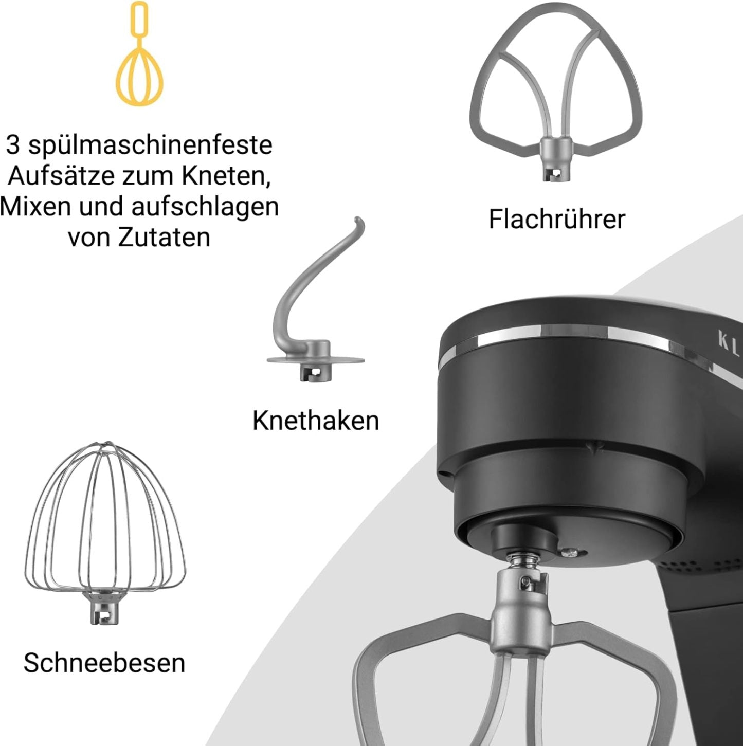 KLAMER Küchenmaschine 1800W, Knetmaschine Brotteig mit Edelstahl-Rührschüssel 6 L, 10 Stufen mit Timer, Planetenrührwerk, Rührbesen, Knethaken, Schneebesen & Sichtdeckel (schwarz)