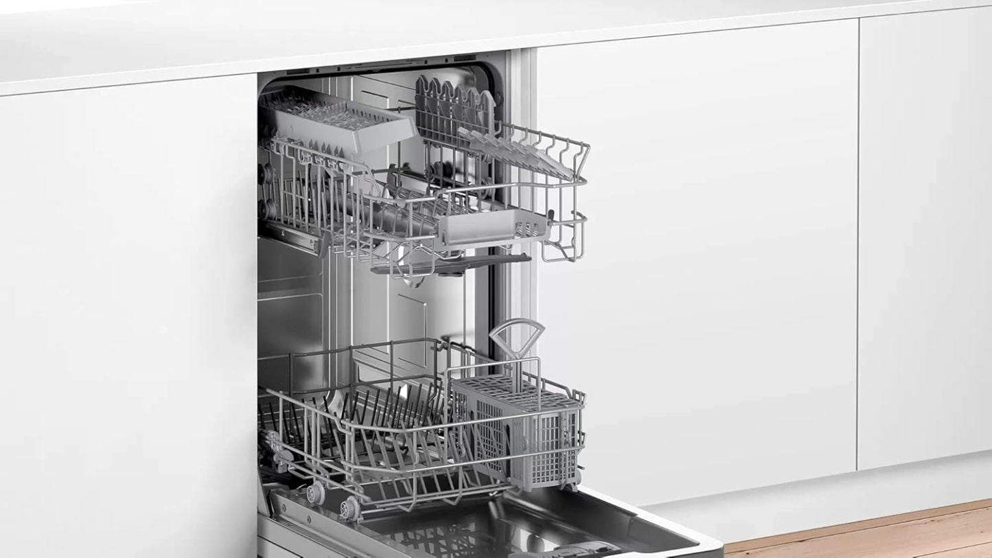Bosch SRV2HKX41E Serie 2 Geschirrspüler Vollintegriert, 45 cm breit, Besteckkorb, Extra Trocknen auf Knopfdruck, InfoLight rot, AquaStop Schutz gegen Wasserschäden, Mehrfarbig