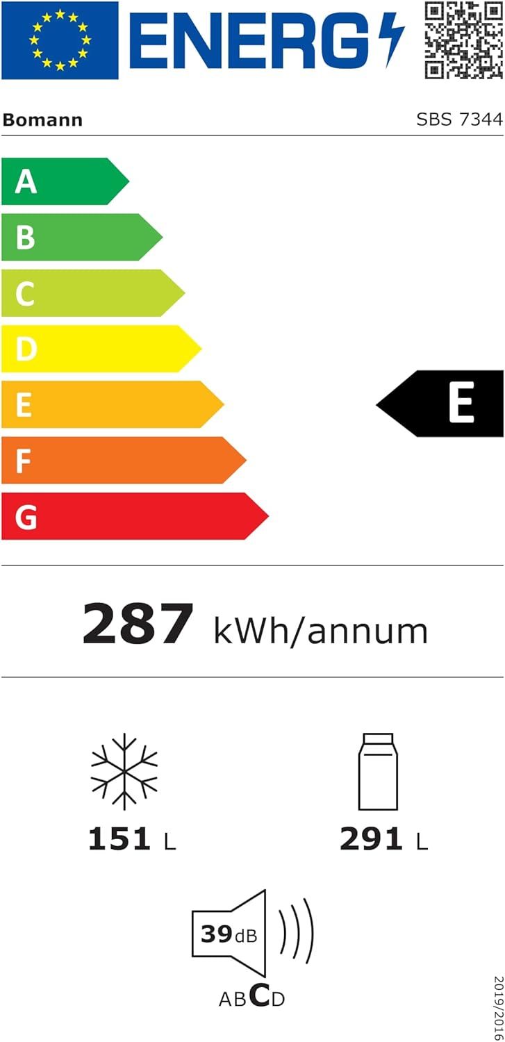 Bomann® Side by Side Kühl Gefrierkombination | No Frost | 442L Inhalt | Kühlschrank mit Gefrierfach | Kühlschrank mit MultiAirflow-Technologie | Verbrauch 287 kWh/Jahr | SBS 7344 inox