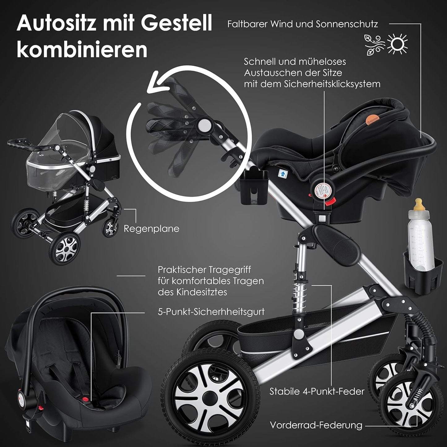 KESSER Loops 3 in 1 Kinderwagen Kombikinderwagen Komplett-Set inkl. Babywanne & Buggy Sportsitz & Auto-Babyschale Voll-Gummireifen Wickeltasche Regenschutz Kindertisch ECE R129, Schwarz/Champagne