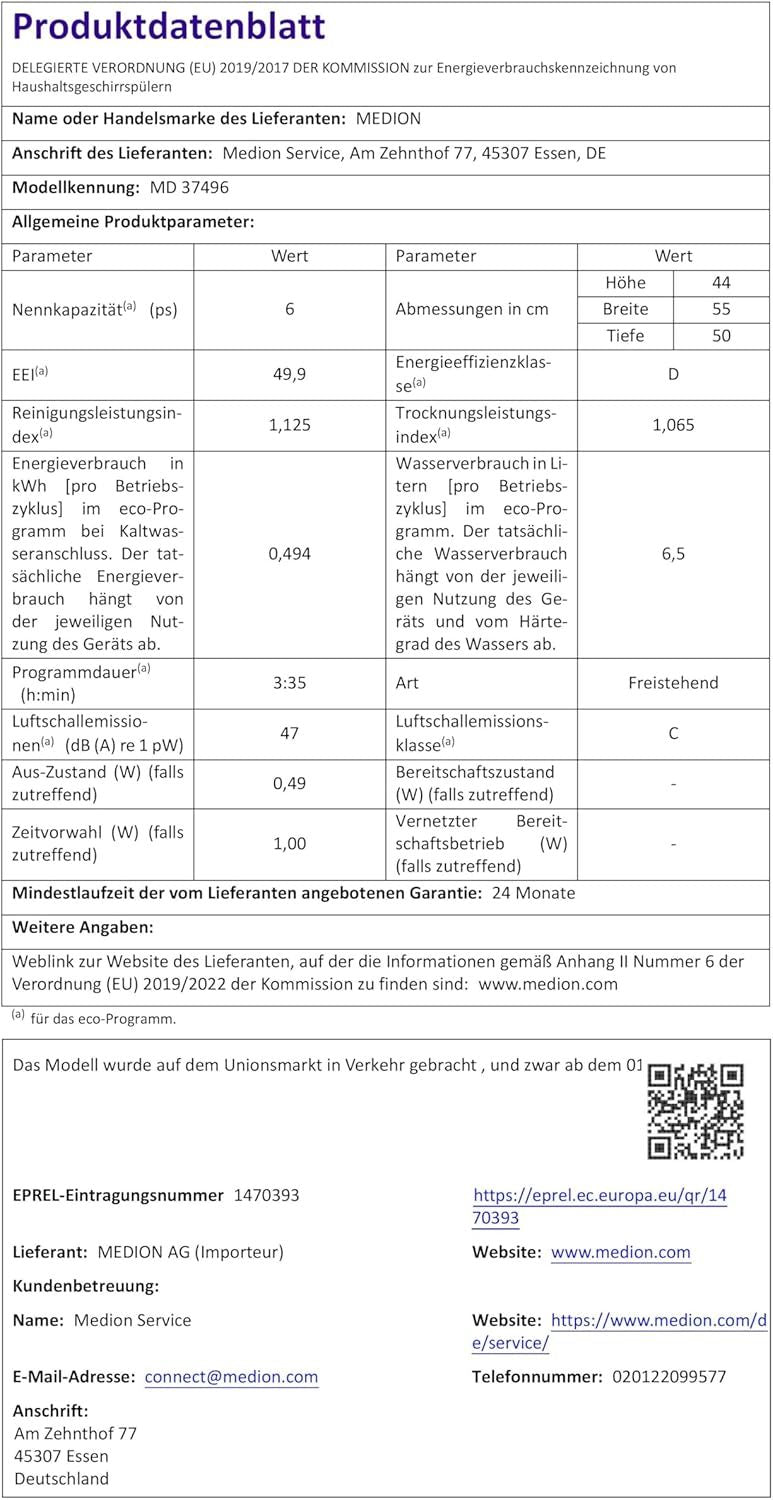 MEDION Tischgeschirrspüler DWT60 (6 Gedecke Fassungsvermögen, 7 Programme, ECO Programm, ca. 6,5 Liter Verbrauch, AquaStop, LED Display, Kindersicherung, MD37496) silber