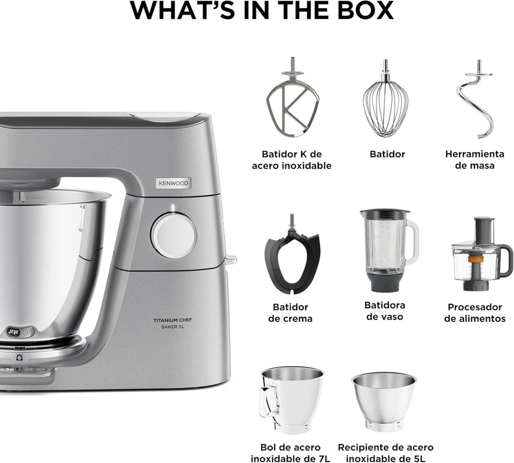 Kenwood Titanium Chef Baker KVL85.424SI Küchenmaschine mit integrierter Waage, inkl. 4-teiligem Patisserie-Set, 7 L und 5L Rührschüssel, stufenloser Geschwindigkeitsregler, 1200 W, Silber