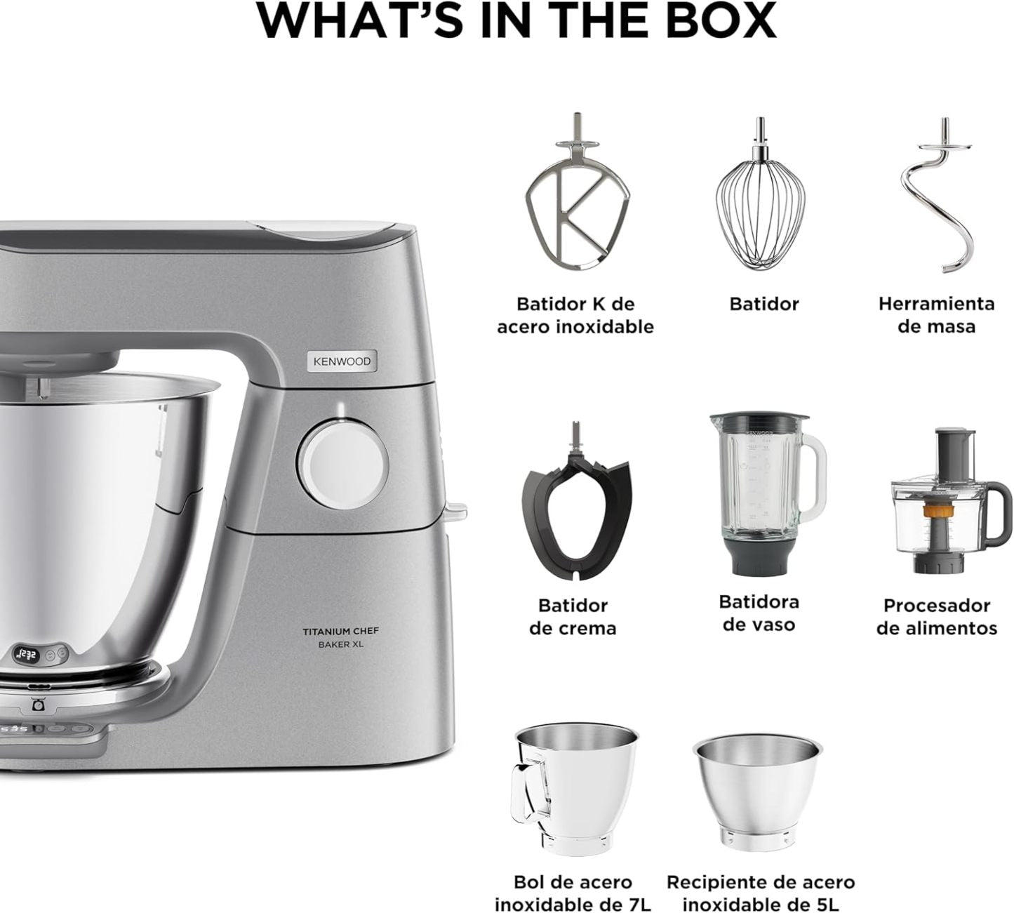 Kenwood Titanium Chef Baker KVL85.424SI Küchenmaschine mit integrierter Waage, inkl. 4-teiligem Patisserie-Set, 7 L und 5L Rührschüssel, stufenloser Geschwindigkeitsregler, 1200 W, Silber
