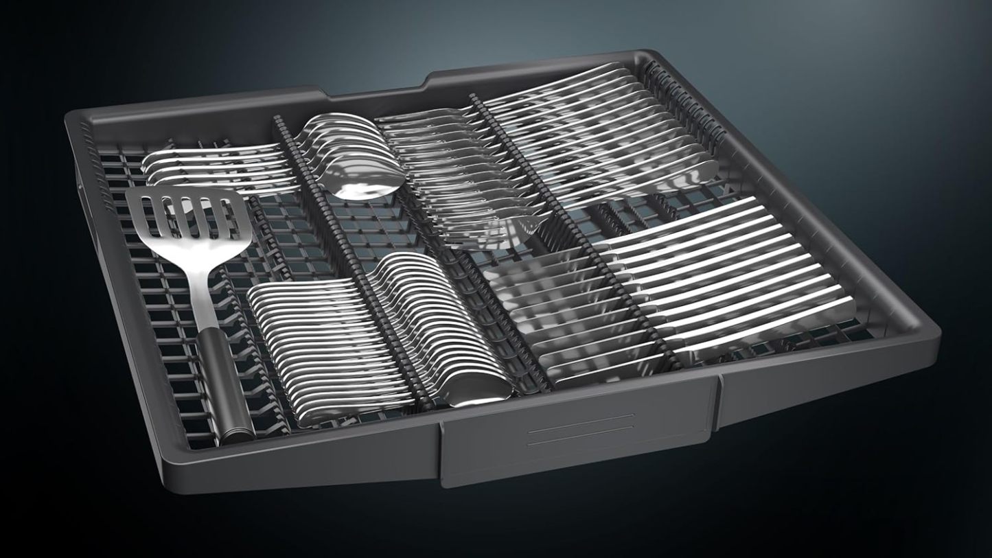 Siemens SN43ES14VE, iQ300 Smarter Geschirrspüler, Unterbau-Spülmaschine mit Besteckschublade, 60 cm, automatische Türöffnung dank autoOpen dry, besonders leise mit iQdrive-Motor, aquaStop, Edelstahl