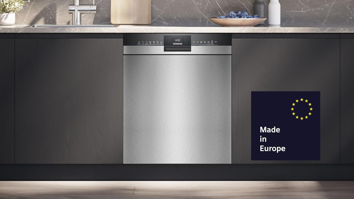 Siemens SN43ES14VE, iQ300 Smarter Geschirrspüler, Unterbau-Spülmaschine mit Besteckschublade, 60 cm, automatische Türöffnung dank autoOpen dry, besonders leise mit iQdrive-Motor, aquaStop, Edelstahl