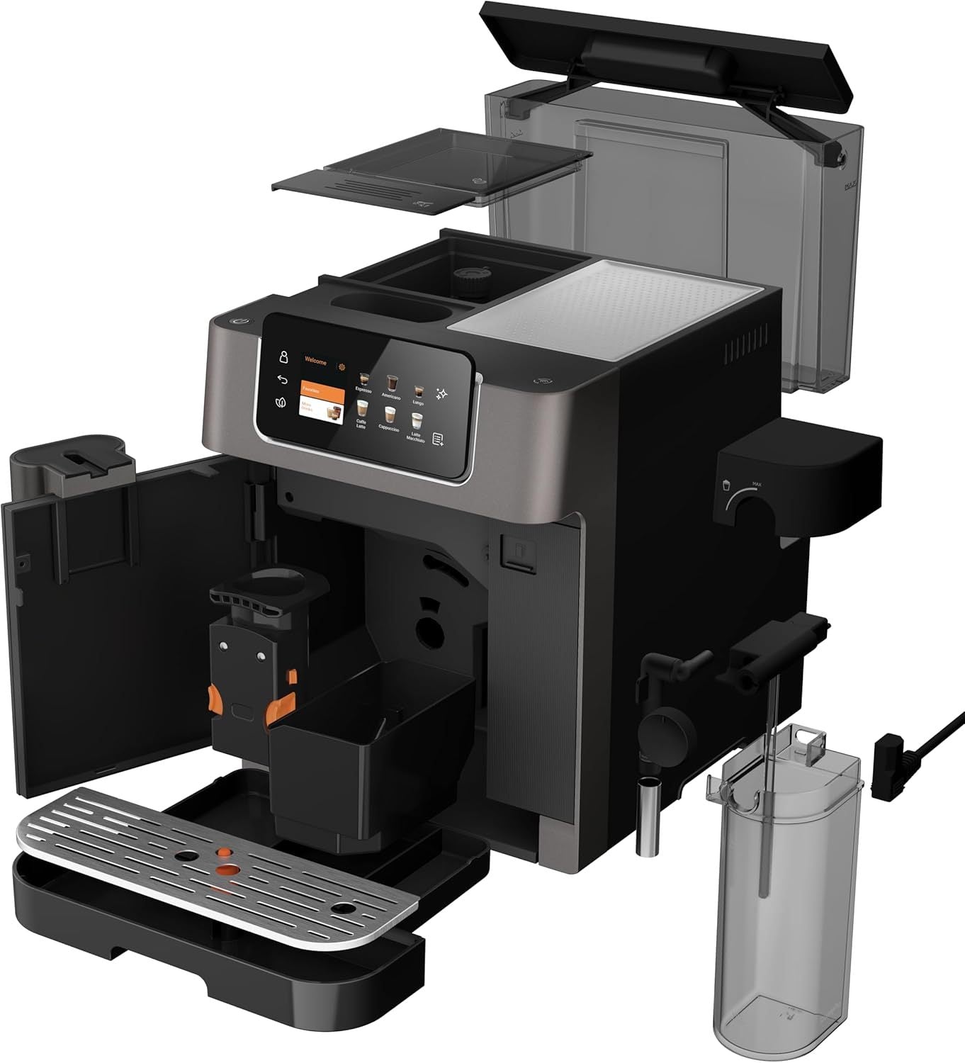 GRUNDIG KVA 7230 Kaffeevollautomat, Kaffeemaschine, 10 Kaffeespezialitäten, 13 Mahlgrade, Milchbehälter, leistungsstark 1350 W, 19 Bar Pumpendruck, Zweifachdüse, Beleuchtung, Schwarz/Dunkelsilber