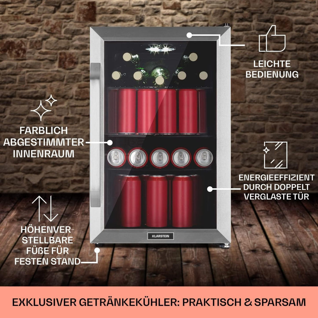Klarstein Kühlschrank 70L, Kleiner Kühlschrank mit Herausnehmbaren Ablagen, Leiser Mini Kühlschrank mit Glastür & LED, Getränkekühlschrank Klein, Outdoor Geeignet, Biersafe für Flaschen, 0-10°C