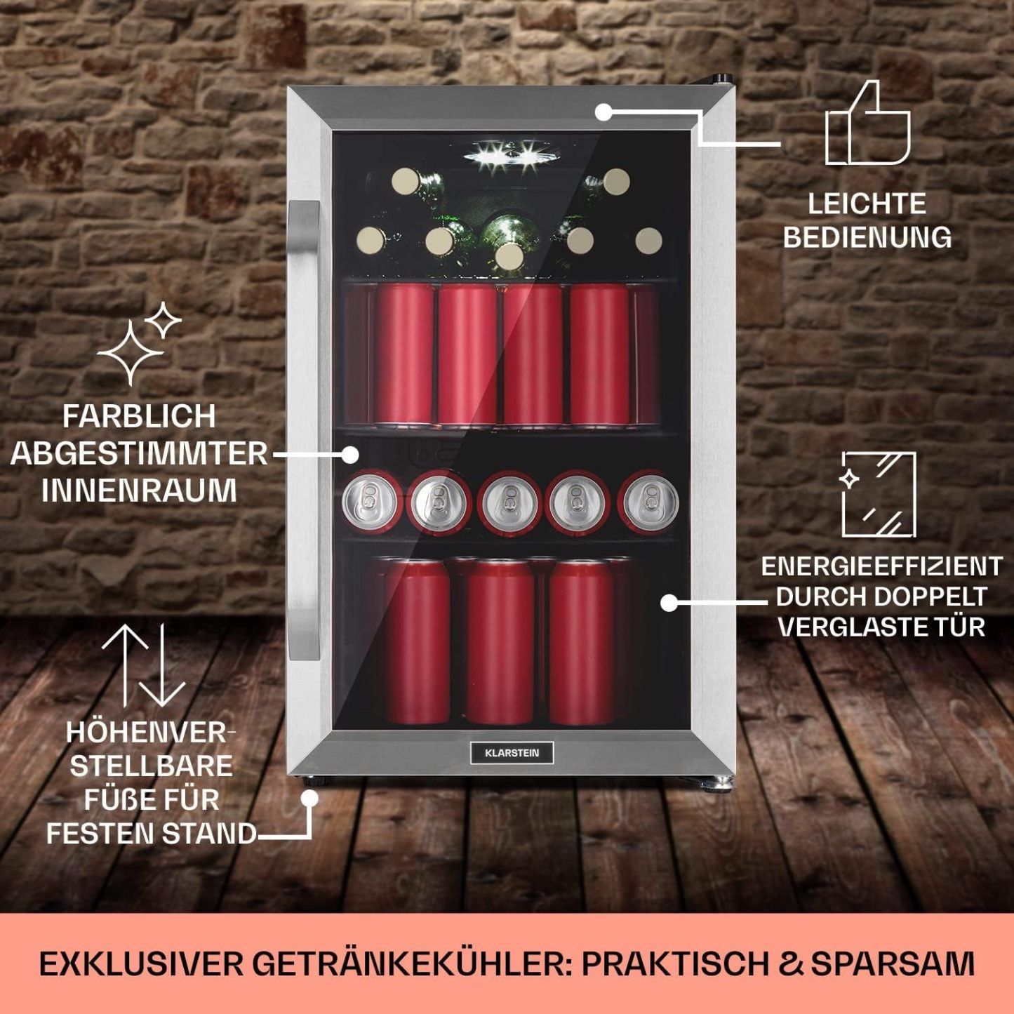 Klarstein Kühlschrank 70L, Kleiner Kühlschrank mit Herausnehmbaren Ablagen, Leiser Mini Kühlschrank mit Glastür & LED, Getränkekühlschrank Klein, Outdoor Geeignet, Biersafe für Flaschen, 0-10°C