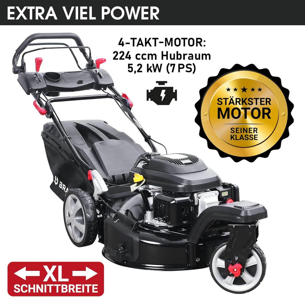 BRAST® Benzin Rasenmäher Trike mit Antrieb | 5,2kW(7PS) | 53cm Schnittbreite | viele Modelle | TÜV | 4 Takt OHV Motor | 30-80mm Schnitthöhe | 60L Fangkorb | Stahlgehäuse | Speed