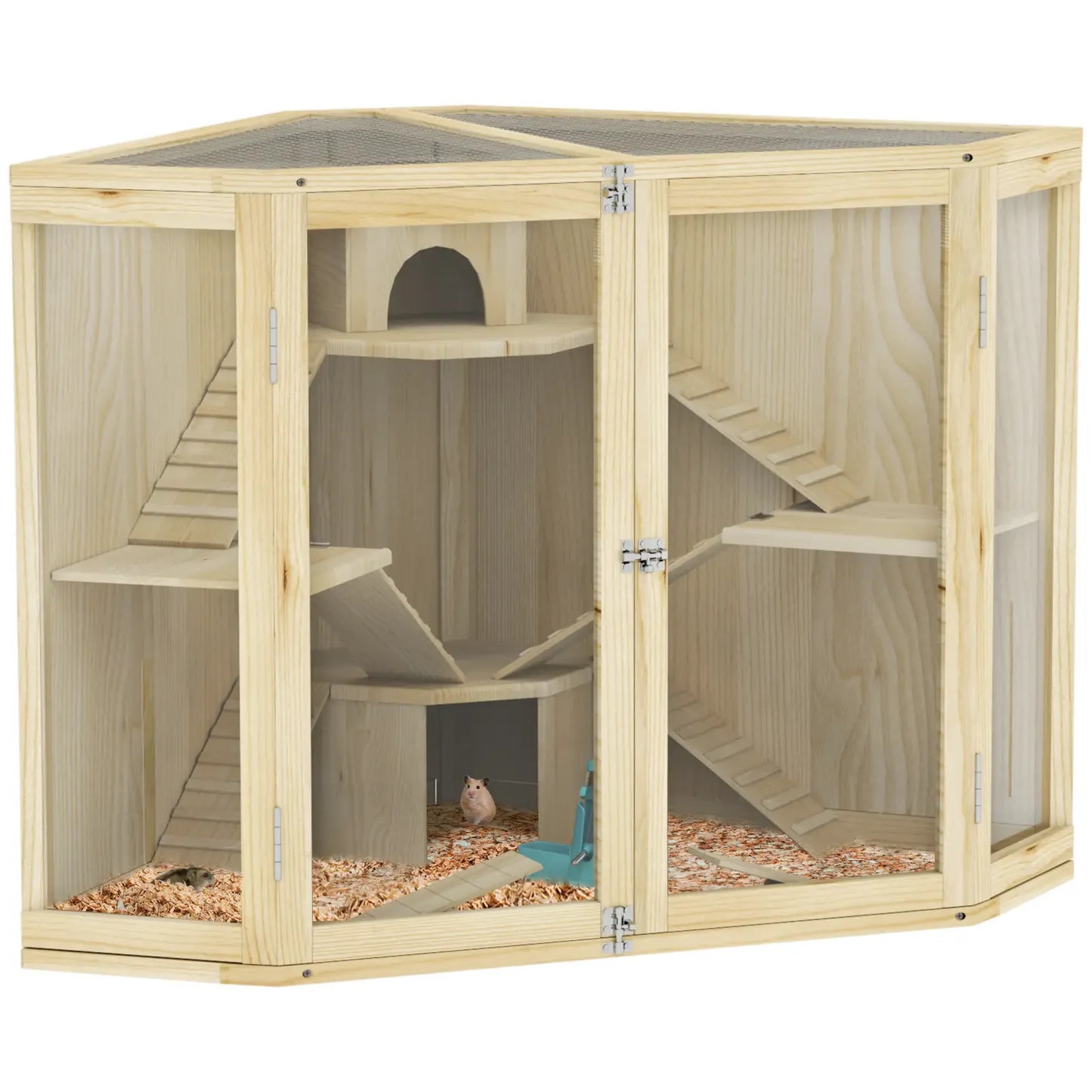 PawHut Hamsterkäfig Holz 4 Ebenen mit Zubehör und Sichtfenster