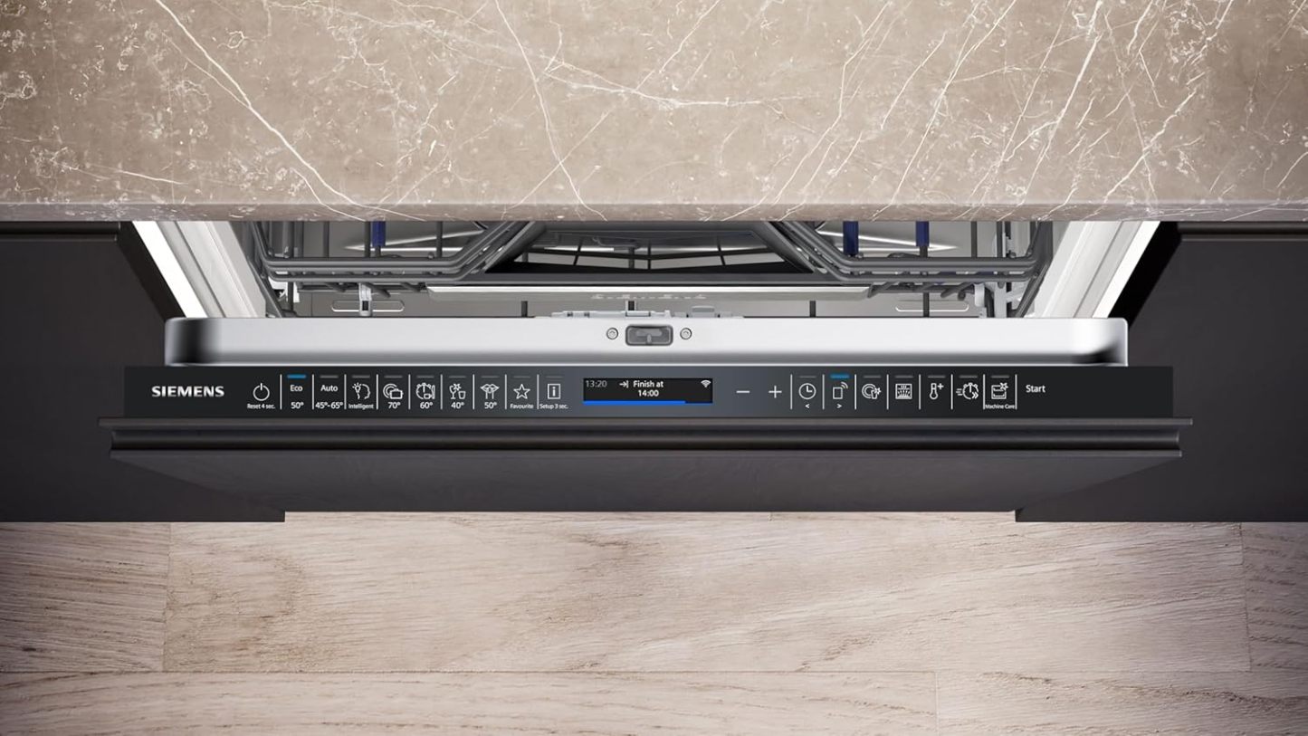 Siemens SN43ES14VE, iQ300 Smarter Geschirrspüler, Unterbau-Spülmaschine mit Besteckschublade, 60 cm, automatische Türöffnung dank autoOpen dry, besonders leise mit iQdrive-Motor, aquaStop, Edelstahl