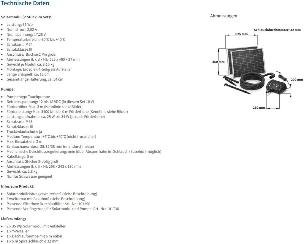 esotec Solar Bachlaufset 70 3400 PRO, Komplettset, Bachlaufpumpe 3400l/h, Solarmodul 70Wp, Erdspieß, Teichpumpe, DIY Solarbrunnen, Wasserspiel, Komplettset, 3m 101966