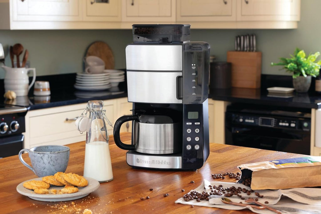 Russell Hobbs Kaffeemaschine mit Mahlwerk Thermokanne [Digitaler Timer, Brausekopf für opt. Extraktion & Aroma] Grind&Brew (max 10 Tassen, 3-stufige Mahlgradeinstellung) Filterkaffeemaschine 25620-56