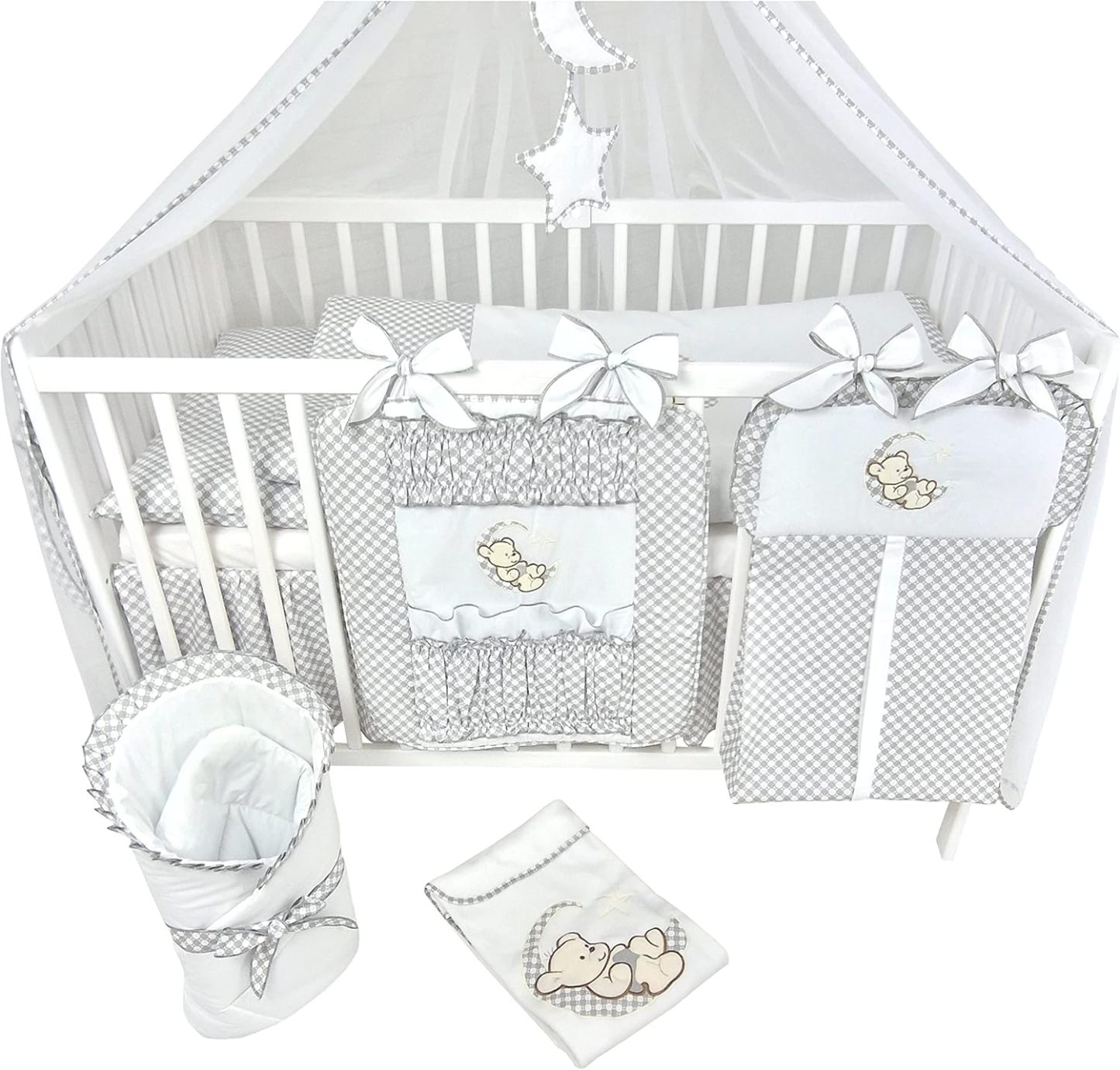 Bello24 - 16 Teiliges Babybett Kinderbett und Bettwäsche komplett Set Happy Leo inkl. Matratze höhenverstellbar für Neugeborene Babys und Kleinkinder aus Massivholz (Grau - Teddybär Mond)