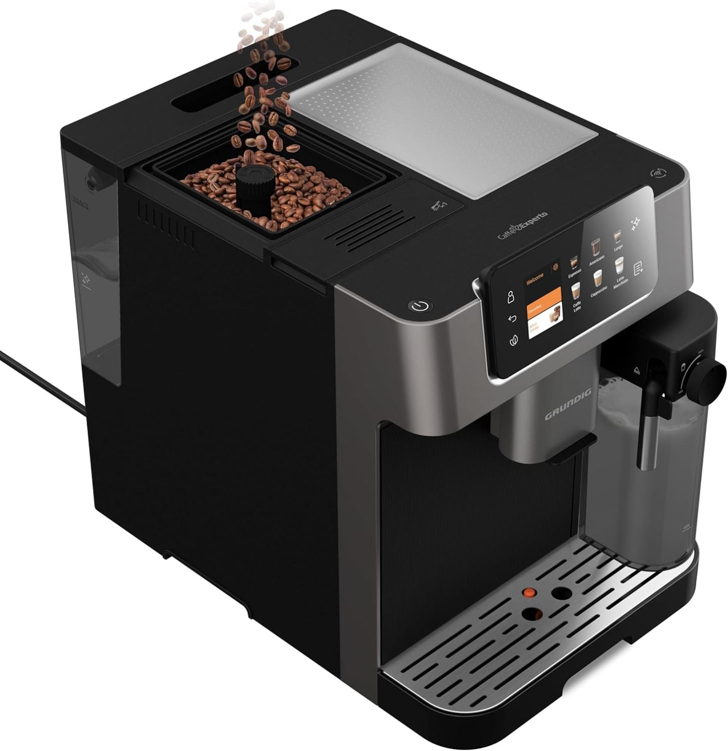 GRUNDIG KVA 7230 Kaffeevollautomat, Kaffeemaschine, 10 Kaffeespezialitäten, 13 Mahlgrade, Milchbehälter, leistungsstark 1350 W, 19 Bar Pumpendruck, Zweifachdüse, Beleuchtung, Schwarz/Dunkelsilber