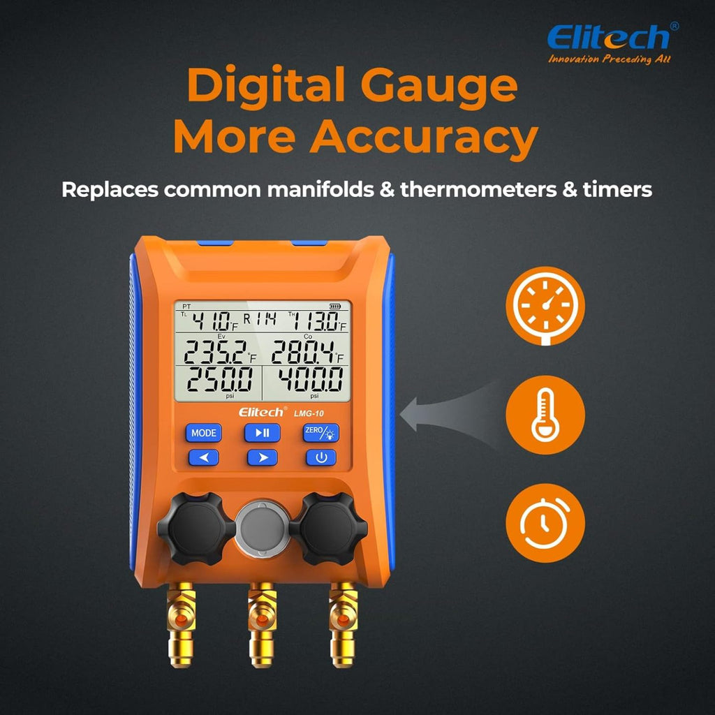 Elitech Kältetechnik die Monteurhilfe Manifold Gauge Set, Hochpräzises Vakuum Drucktemperatur Lecktester Tester Digitales Messgerät für Kühlschränke LMG-10