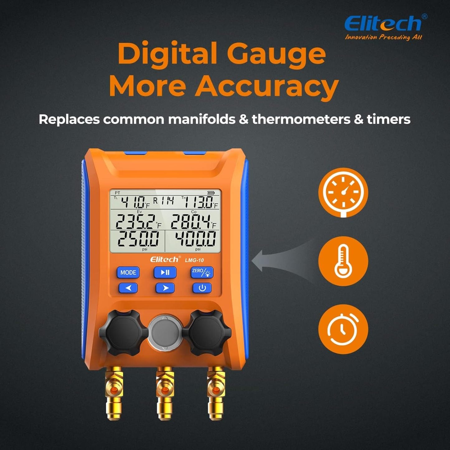 Elitech Kältetechnik die Monteurhilfe Manifold Gauge Set, Hochpräzises Vakuum Drucktemperatur Lecktester Tester Digitales Messgerät für Kühlschränke LMG-10