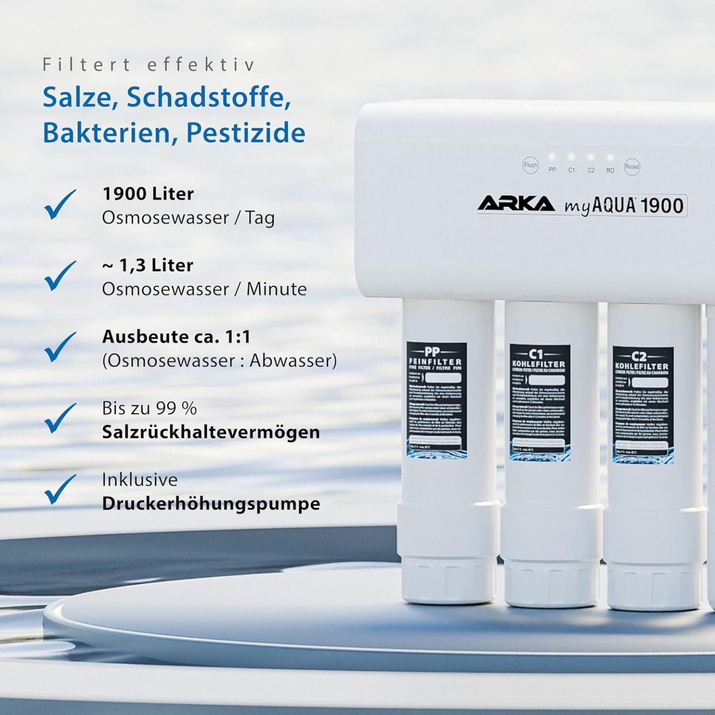 ARKA myAQUA 1900 Umkehrosmoseanlage 1900 L/Tag - Wasserfilter & Enthärtungsanlage, entfernt bis zu 99% Salze, Schadstoffe & Bakterien - Für Aquarien & Haushalt