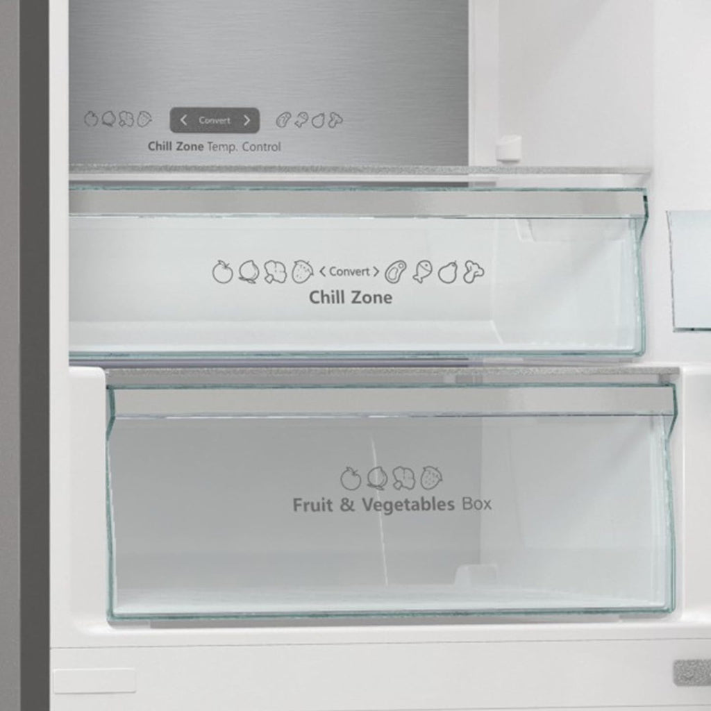 Hisense RB327N4AD2 Kühl-Gefrierkombination/ NoFrostPlus/ Multiflow 360°/ HolidayMode/ FreshZone/ 182,4 cm/ Kühlteil 171 l/ Gefrierteil 85 l/ 41 dB/ 287 kWh/ Jahr/ Edelstahl-Look