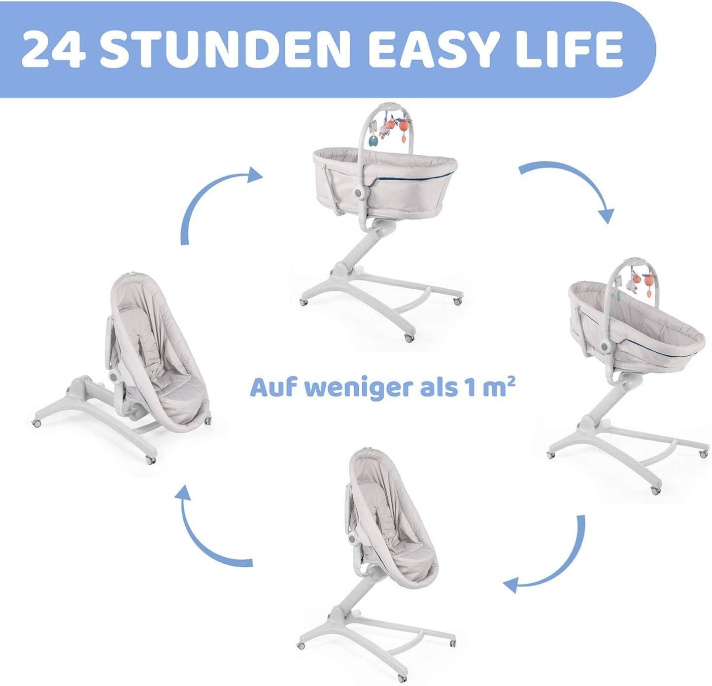 Chicco Baby Hug 4 in 1 Stubenwagen ab 0 Monate, Erhöhte Babyliege, Babybett, Hochstuhl mit Spielbogen, bis 15 kg, Verstellbare Rückenlehne, Verstellbare Höhe und 4 Räder