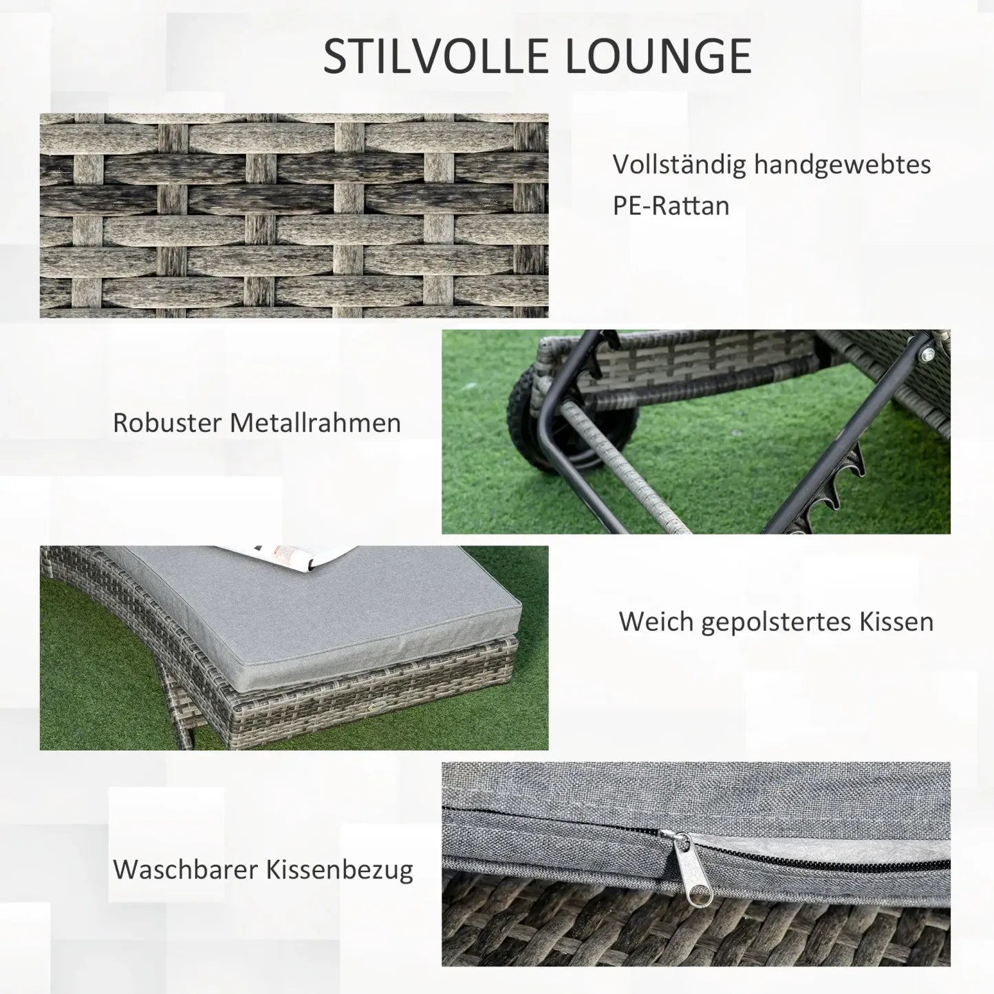 Outsunny Sonnenliege Polyrattan verstellbar mit Rollen grau