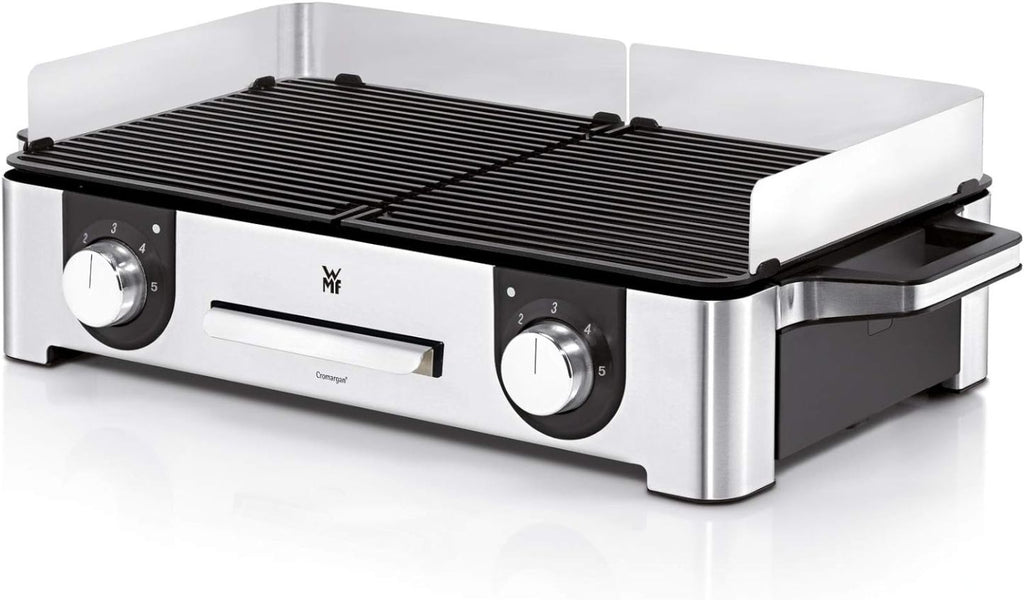 WMF Lono Master-Grill, Elektrogrill, 50x28 cm, Elektrogrill Tischgrill mit Windschutz und Auffangschale, Outdoorzertifiziert für Barbecue, 2 getrennt regulierbare Grillflächen, 2400 W, edelstahl matt
