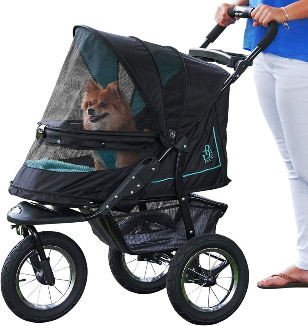 No-Zip NV Haustier-Buggy für Katzen/Hunde, Einstieg ohne Reißverschluss, einfaches Zusammenklappen mit einer Hand, Reifen mit Gelfüllung, Plüschpolster + Wetterschutz inklusive, 3 Farben