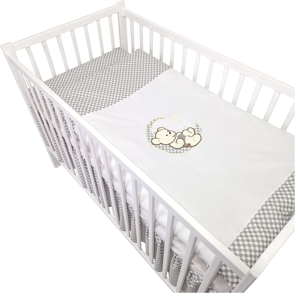 Bello24 - 16 Teiliges Babybett Kinderbett und Bettwäsche komplett Set Happy Leo inkl. Matratze höhenverstellbar für Neugeborene Babys und Kleinkinder aus Massivholz (Grau - Teddybär Mond)