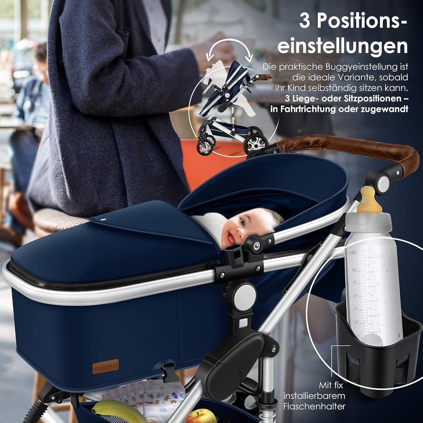 KESSER Loops 3 in 1 Kinderwagen Kombikinderwagen Komplett-Set inkl. Babywanne & Buggy Sportsitz & Auto-Babyschale Voll-Gummireifen Wickeltasche Regenschutz Kindertisch ECE R129, Schwarz/Champagne