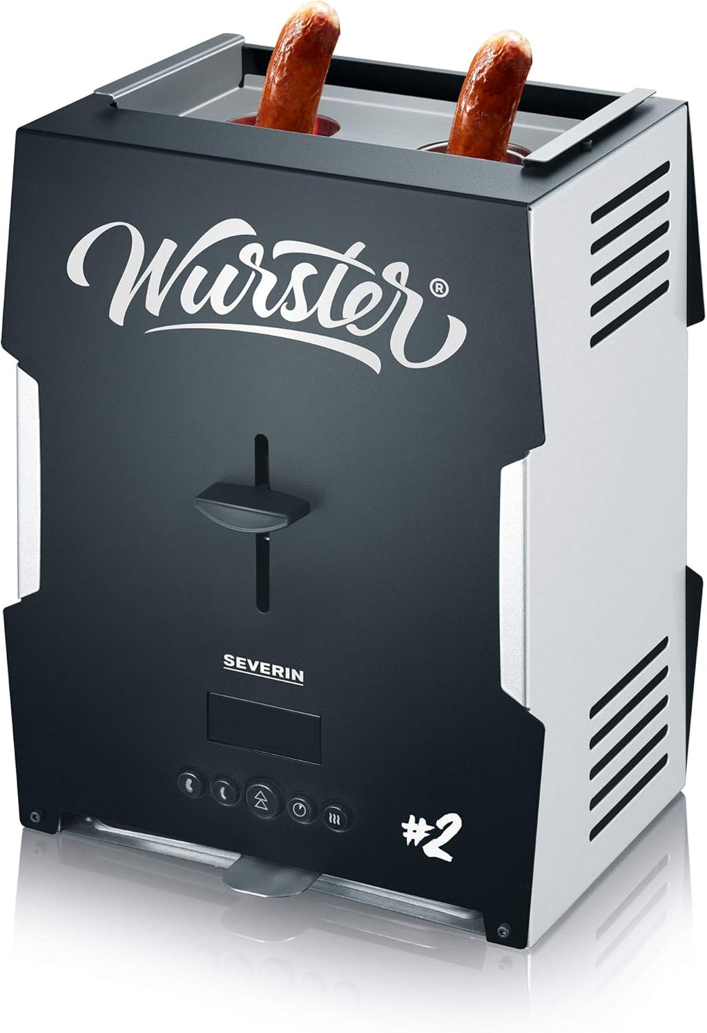 SEVERIN WURSTER, perfekt gebräunte Würstchen auf Knopfdruck in nur 5 Minuten, ohne Zugabe von Fremdfett, inkl. Holzzange, Schwarz, Edelstahl/Kunststoff, WT 5005
