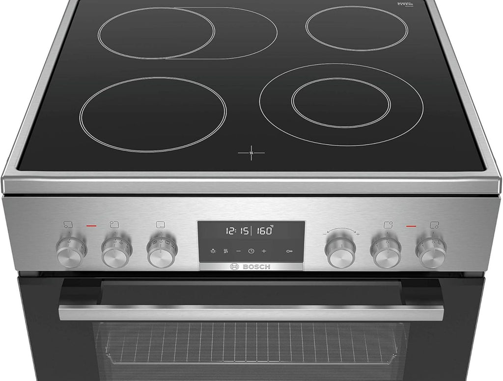 Bosch HKR39C250 Serie 4 Elektro-Standherd, 60 cm breit, EcoClean Direct Reinigungshilfe, 3D Heißluft Backen auf 3 Ebenen, LED-Display-Steuerung, erweiterbare Kochzone für großes Kochgeschirr
