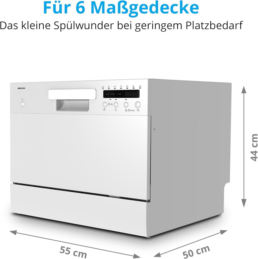 MEDION Tischgeschirrspüler DWT60 (6 Gedecke Fassungsvermögen, 7 Programme, ECO Programm, ca. 6,5 Liter Verbrauch, AquaStop, LED Display, Kindersicherung, MD37496) silber
