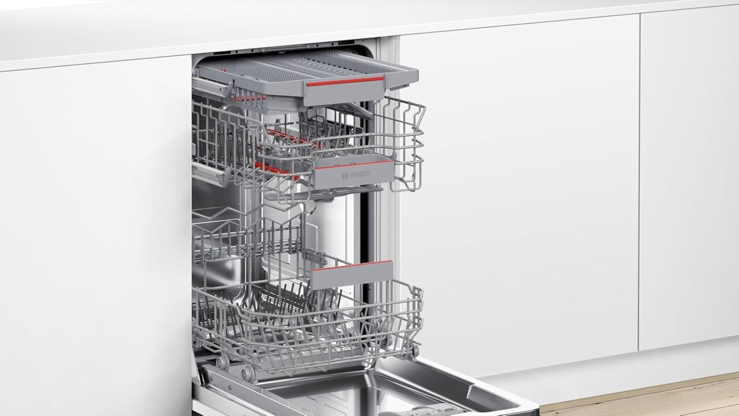 Bosch SPV2IKX10E Serie 2 Smarter Geschirrspüler vollintegriert, 45 cm breit, Besteckkorb, Extra Trocknen auf Knopfdruck, InfoLight roter Lichtpunkt am Boden, AquaStop Schutz gegen Wasserschäden, Weiß