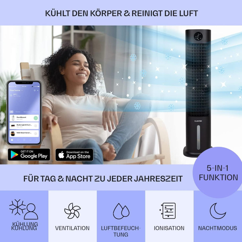 Klarstein Luftkühler mit Wasserkühlung, 5-in-1 Verdunstungskühler, Luftbefeuchter, Ventilator & Luftreiniger, Mobile Klimageräte Luftkühler mit App-Steuerung, 80W Air Cooler, 462m³/h Luftstrom, Weiß