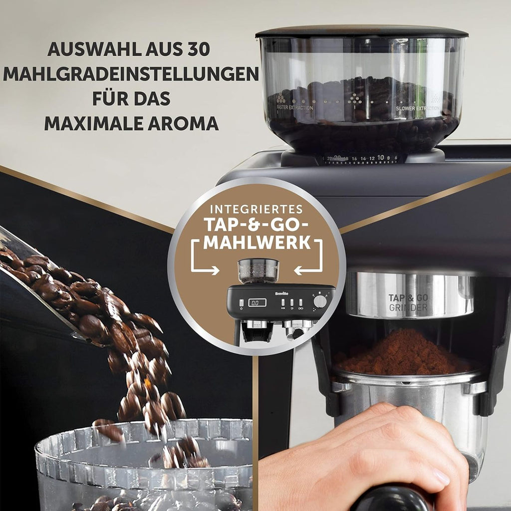 Breville Barista Max Siebträgermaschine | Espressomaschine/Kaffeemaschine mit integriertem Mahlwerk und Milchaufschäumer| 2,8-l-Wasserbehälter | Italienische Pumpe mit 15 Bar | Edelstahl [VCF126X]