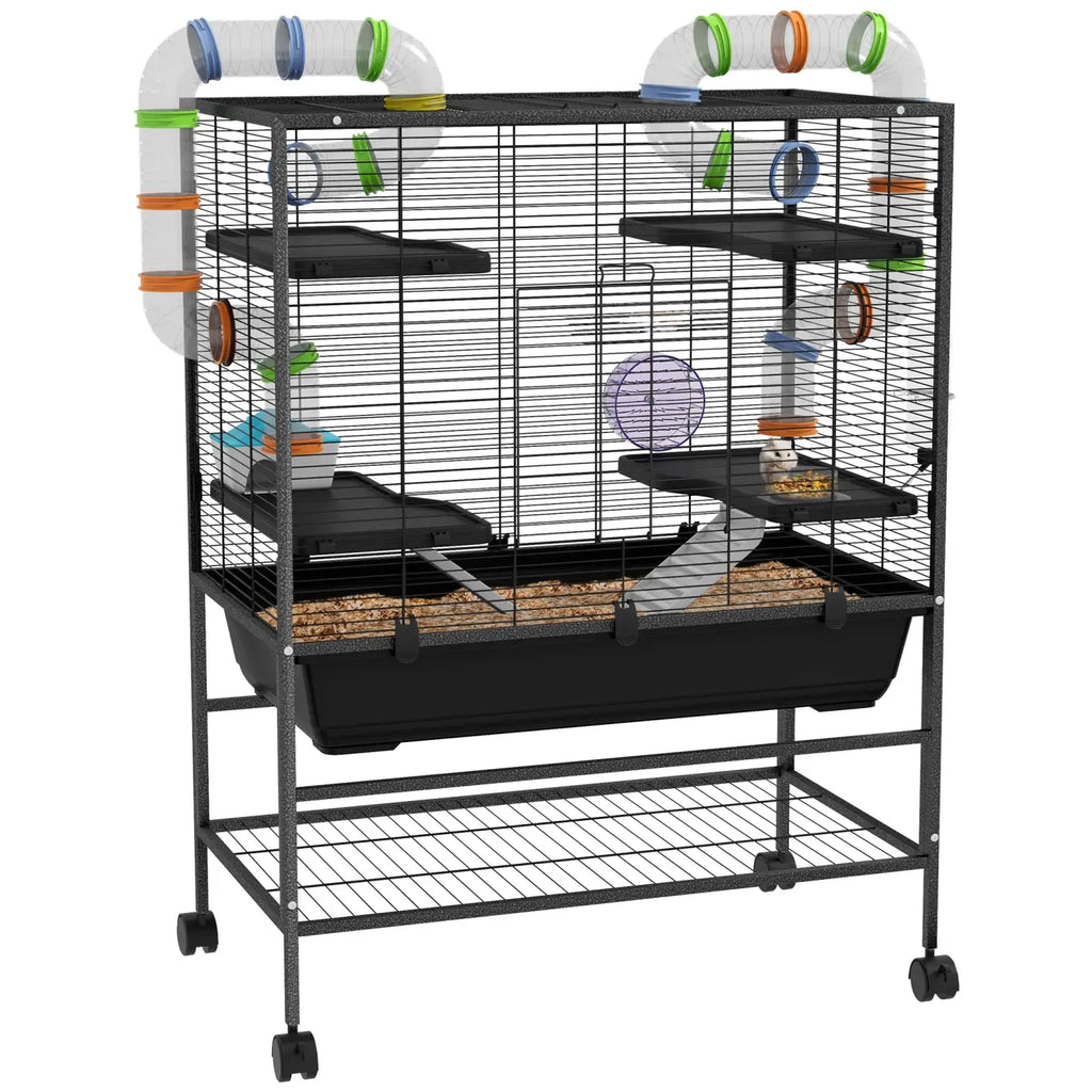 PawHut Hamsterkäfig Nagerkäfig mit Röhren Laufrad Rollen Ablage