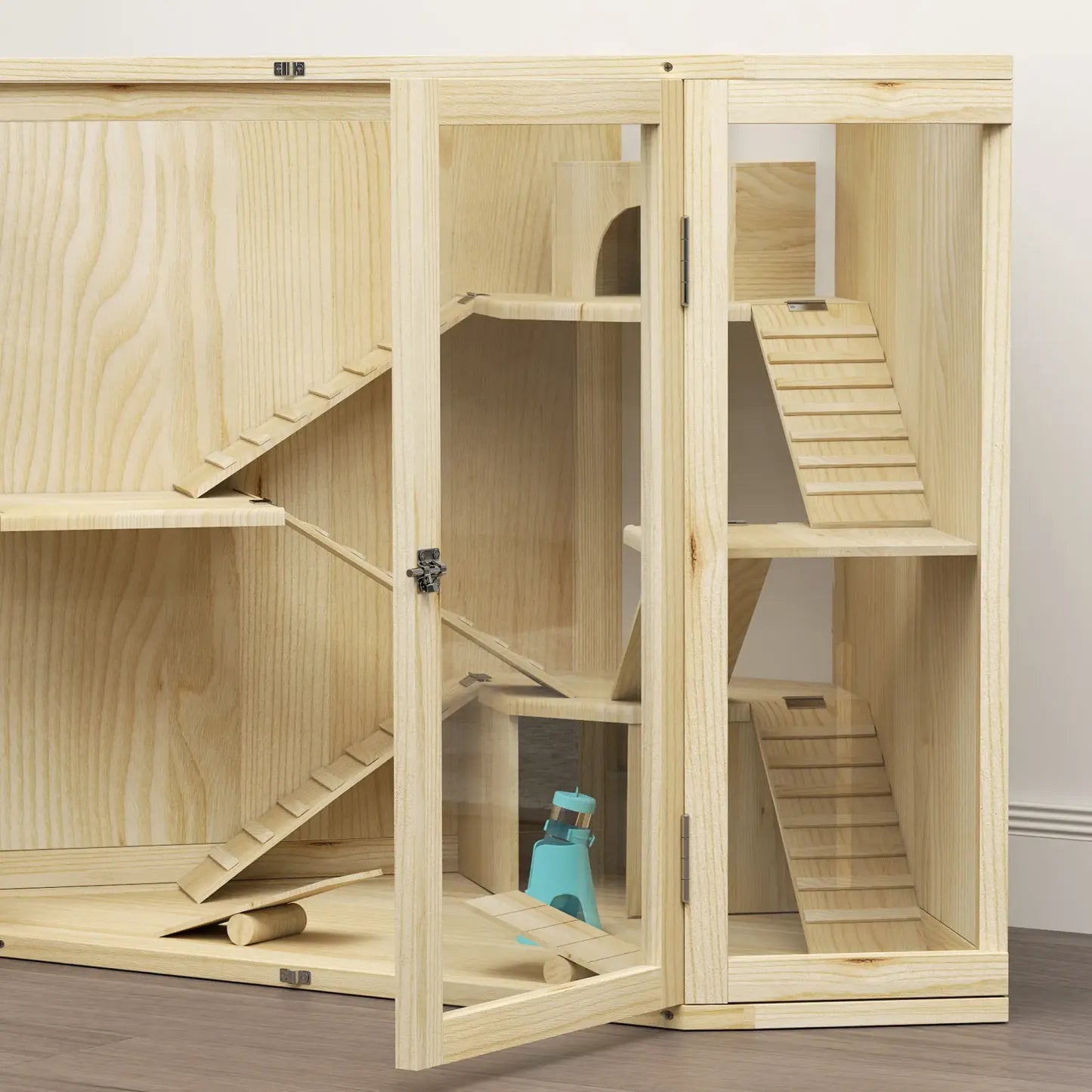 PawHut Hamsterkäfig Holz 4 Ebenen mit Zubehör und Sichtfenster