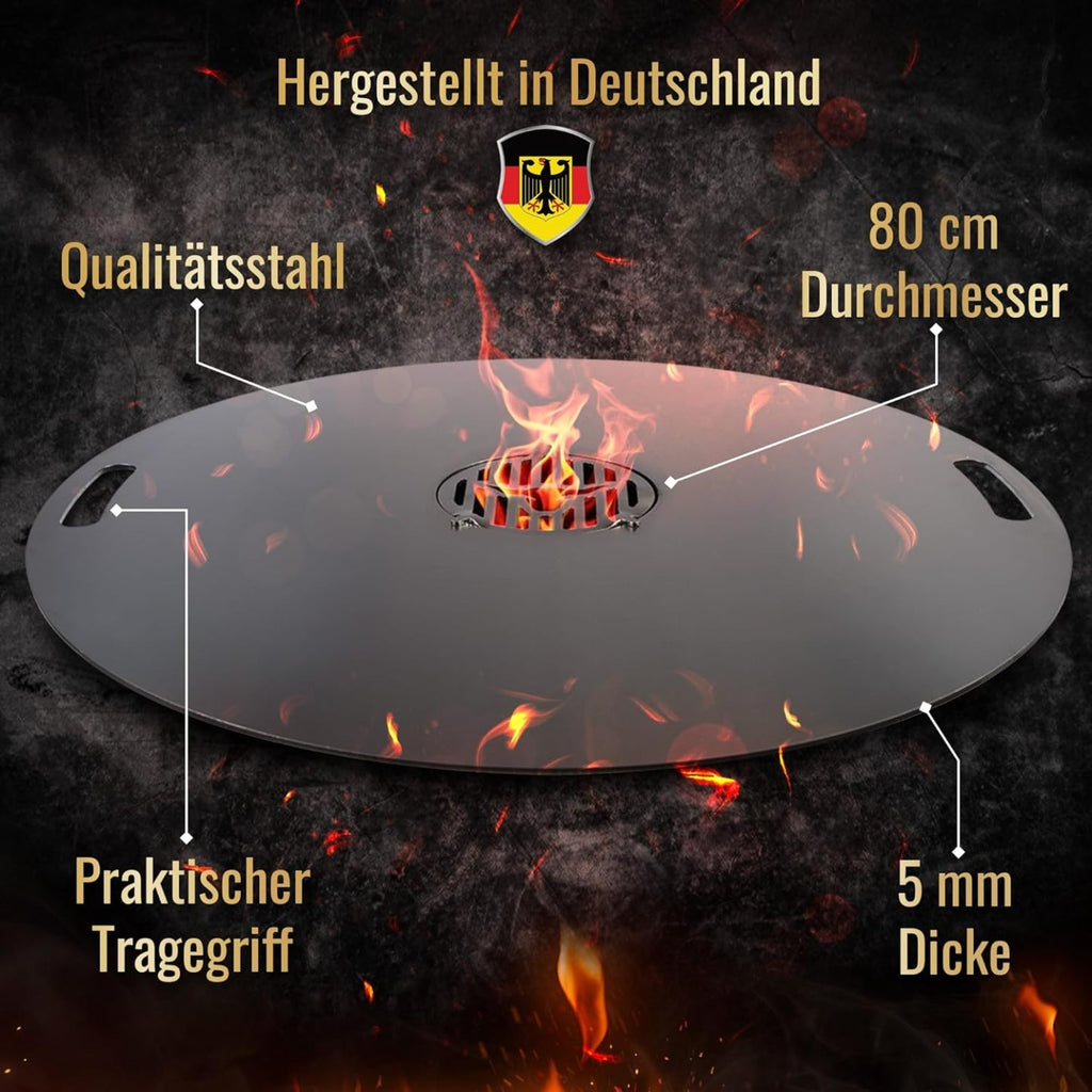 Feuerplatte für Kugelgrill Handgriffe 90 cm, 5 mm Stärke #921 – INKL. Grilleinsatz, Grillplatte für Feuertonne & Feuerschale, Massive Stahlplatte Plancha Grillring für BBQ & Teppanyaki