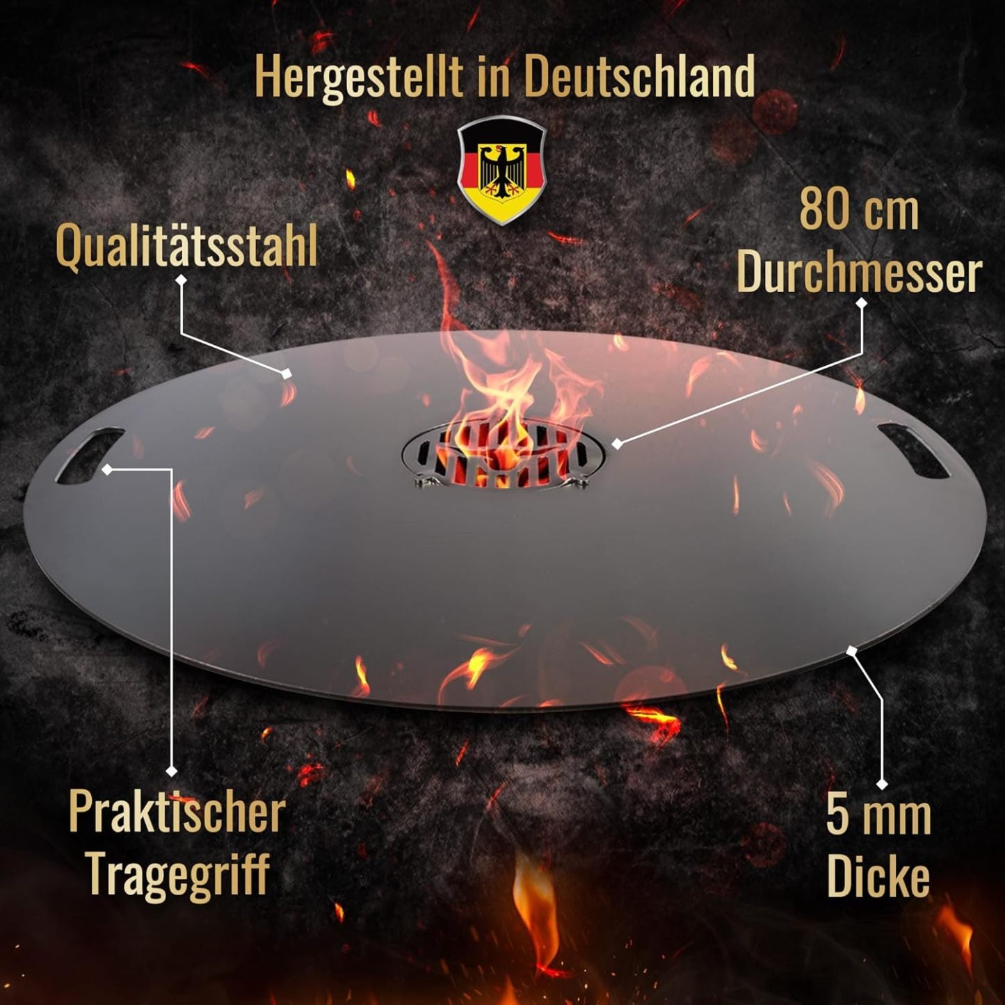 Feuerplatte für Kugelgrill Handgriffe 90 cm, 5 mm Stärke #921 – INKL. Grilleinsatz, Grillplatte für Feuertonne & Feuerschale, Massive Stahlplatte Plancha Grillring für BBQ & Teppanyaki