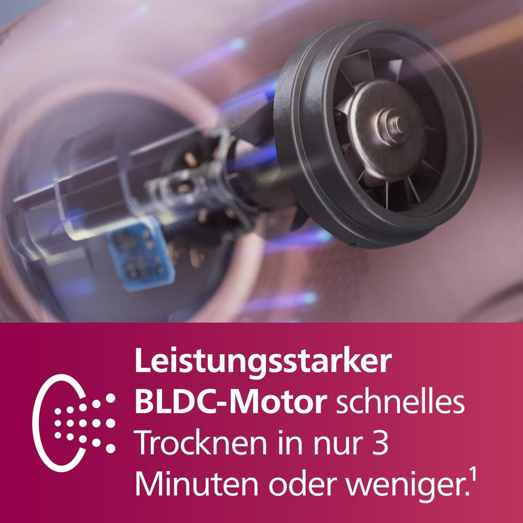 Philips Hochgeschwindigkeits-Haartrockner Serie 8000, ThermoShield Advanced, Ionic, Stylingdüse & Diffusor, Kopfhautpflege, 1400 W, Rose Champagne, Modell BHD837/10